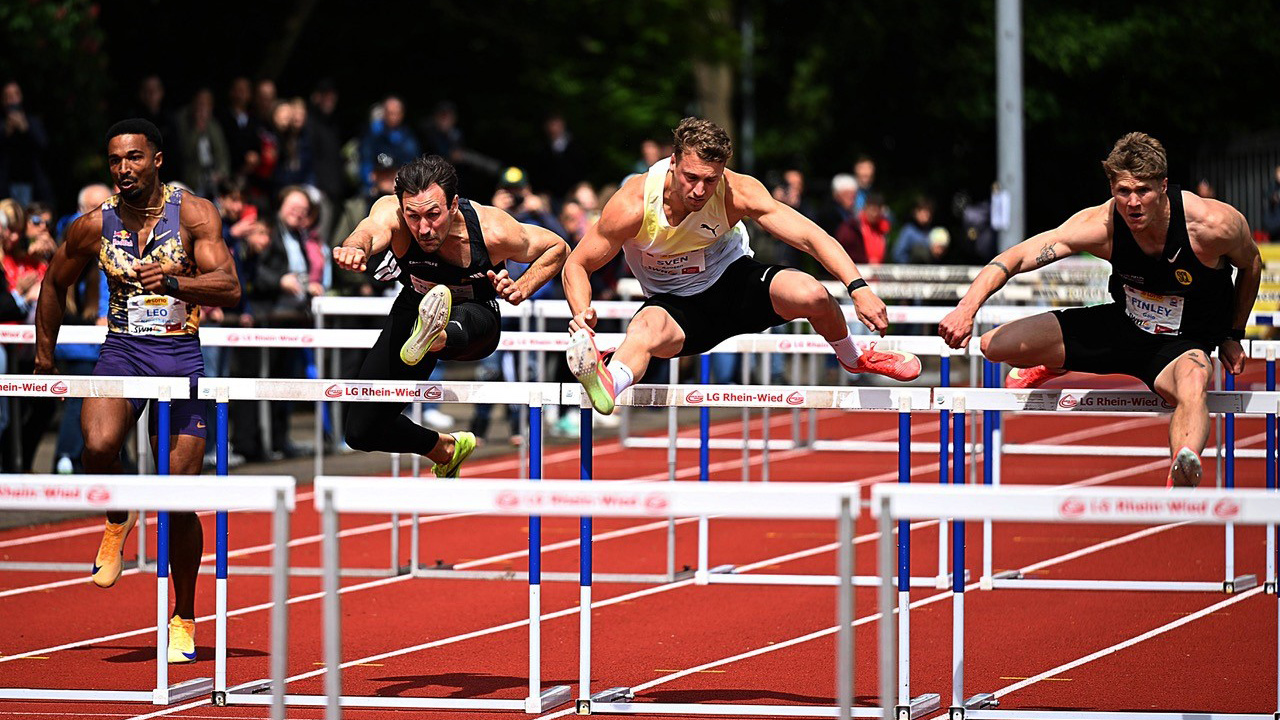Vier Athleten beim Überqueren von Hürden