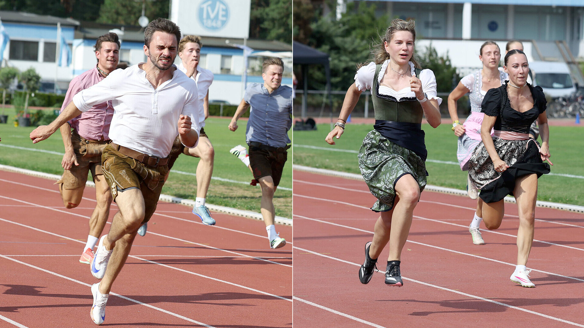 Jonas Hügen (links) in Tracht, Nike Praetzel und Sofie Nixdorf (rechts, im Dirndl) beim Trachtensprint