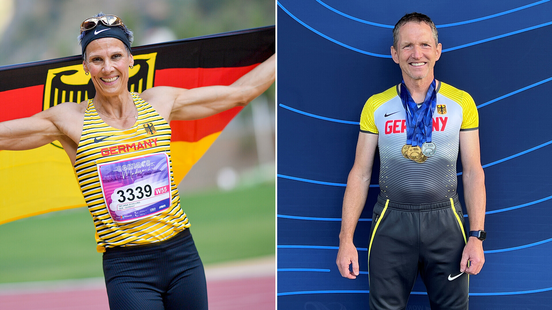 Links: Tatjana Schilling posiert mit Deutschlandfahne. Rechts: Roland Gröger vor blauem Hintergrund mit mehreren Medaillen um den Hals