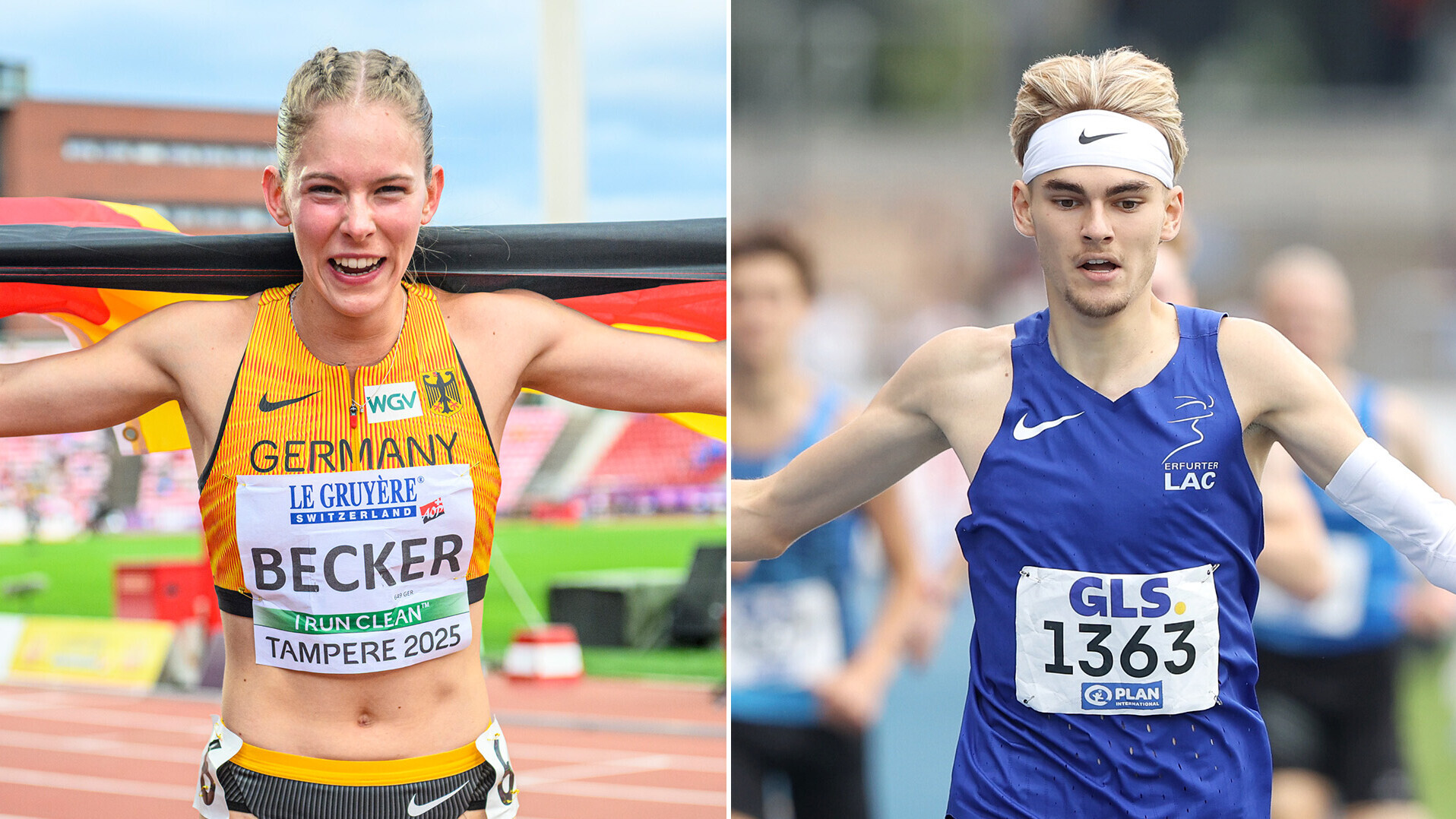 Links: Jana Becker posiert jubelnd mit Deutschlandfahne. Rechts: Andor Schumann läuft im blauen Vereinstrikot und mit ausgestreckten Armen ins Ziel