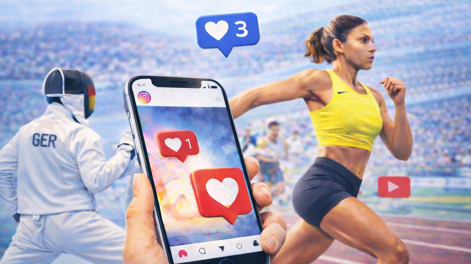 Eine Grafik mit einem Handy, auf dem Like-Herzen sichtbar sind, sowie einer Läuferin und einem Fechter