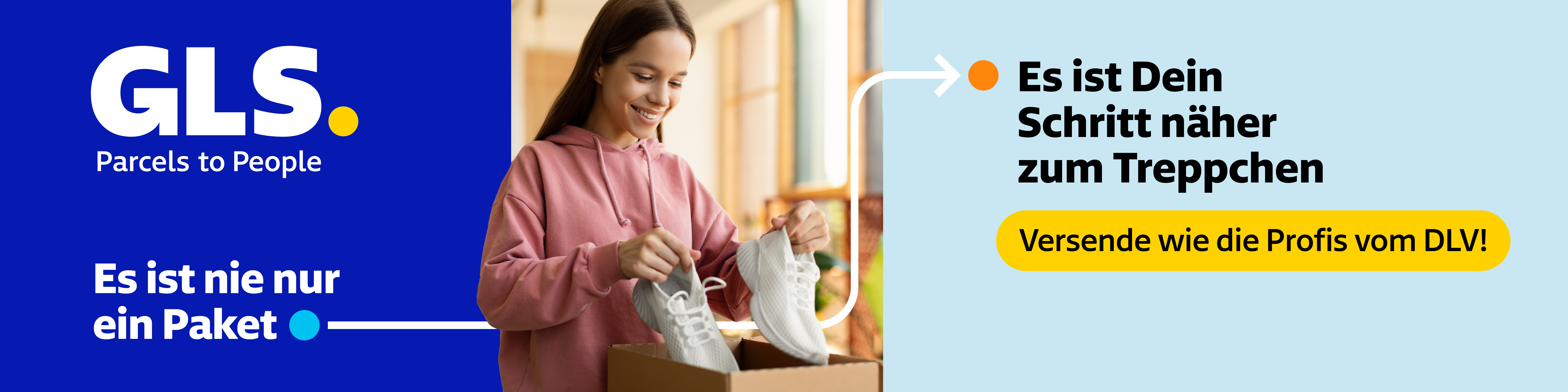 Werbegrafik GLS mit einem Mädchen, das Schuhe aus einem Paket auspackt, und Text "Es ist nie nur ein Paket, es ist dein Schritt aufs Treppchen"