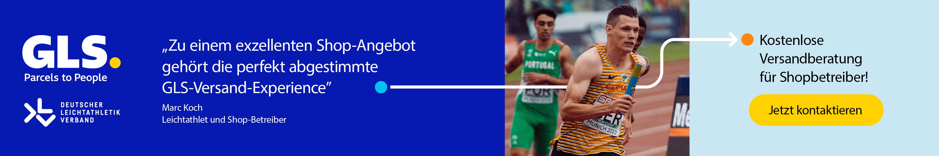 Werbe-Banner GLS mit GLS-Logo und Foto von Sprinter und Unternehmer Marc Koch mit Text "Perfekt ausgeführte Übergaben wie im Staffellauf"