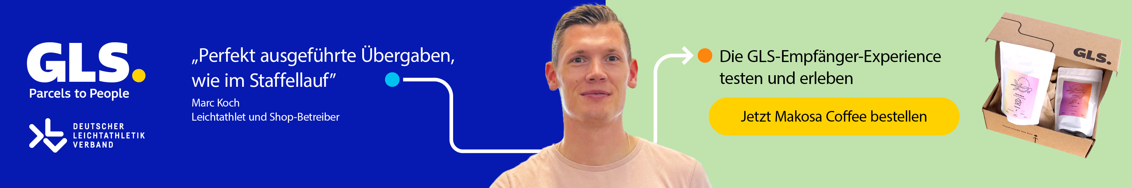 Werbe-Banner GLS mit GLS-Logo und Foto von Sprinter und Unternehmer Marc Koch mit Text "Zu einem perfekten Shop-Angebot gehört die perfekt abgestimmte GLS Versand-Expertise"