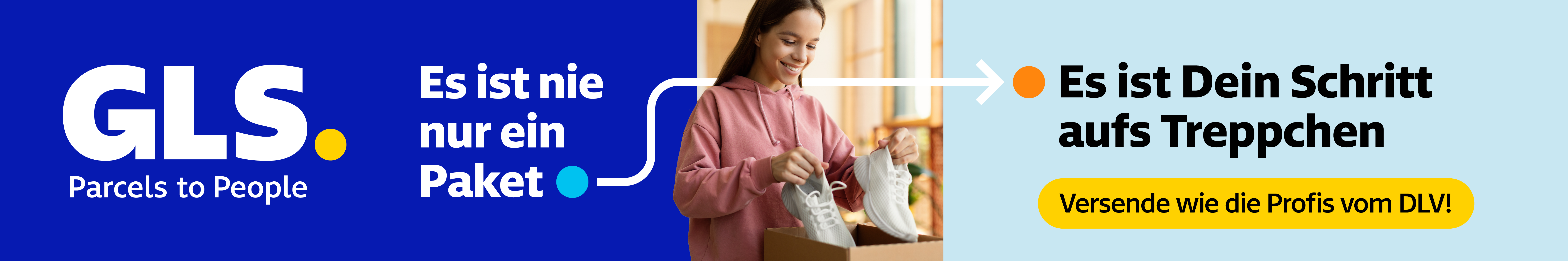 Werbegrafik GLS mit einem Mädchen, das Schuhe aus einem Paket auspackt, und Text "Es ist nie nur ein Paket, es ist dein Schritt aufs Treppchen"