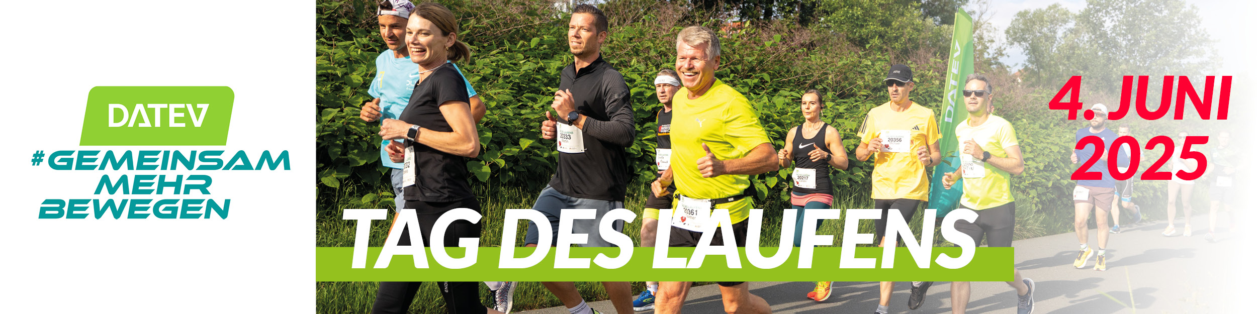Werbe-Banner zum Tag des Laufens mit Bild von Läuferinnen, DATEV-Logo und Text "4. Juni 2025"