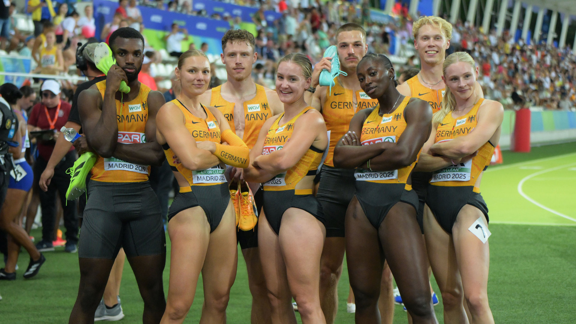 Gruppenbild der deutschen Sprintstaffeln bei der Team-EM 2025 in Madrid